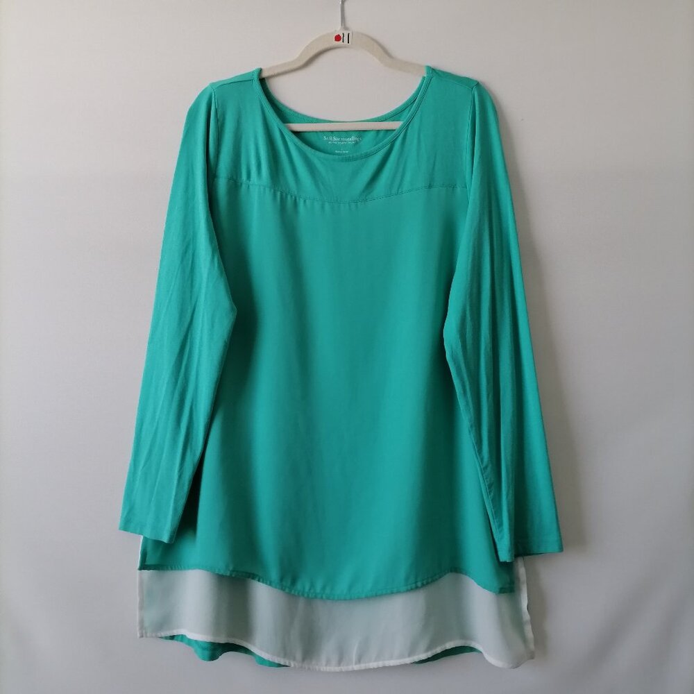 Soft Surroundings Womens Turquoise Blue Long Sleeve Round Neck Blouse Top Size L